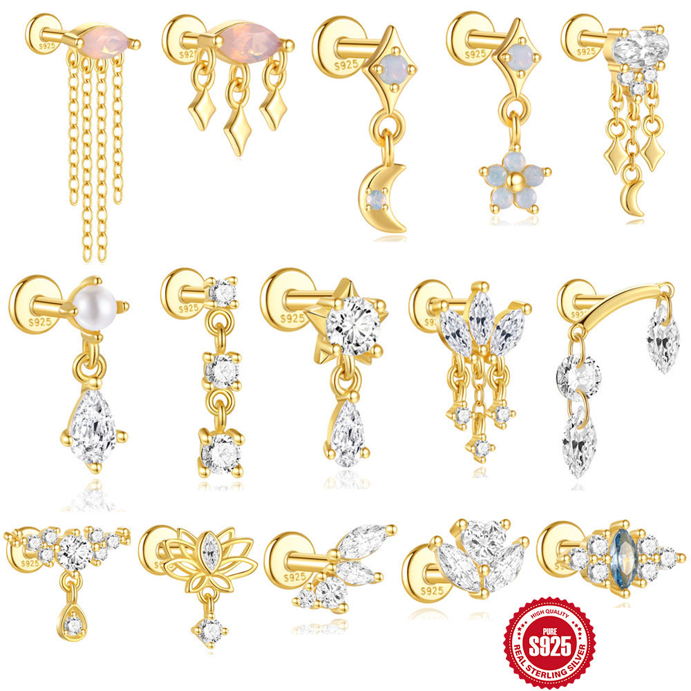 Sterling Silver Opal Diamond-embedded Flat Head Thread Piercing Ear Bone Stud