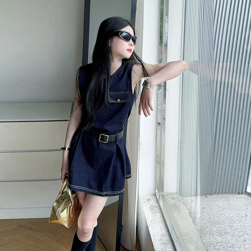 Stylish Kids Fashion Denim Bodysuit Dress for Girls Vintage Dark Blue Jeans Skirt With Belt Child Trendy Streetwear Outfit 5-14Y - EL CHEG