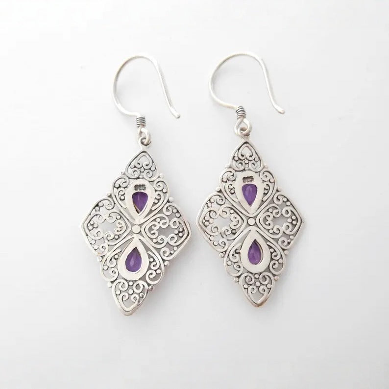 Metal Hollow Ancient Silver-plated Inlaid Purple Zircon Earrings