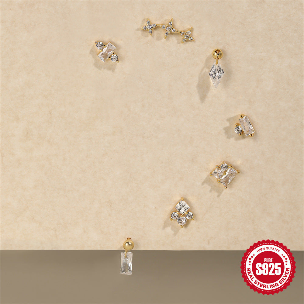 S925 Sterling Silver Red Earrings Square Gravel Stud Earrings