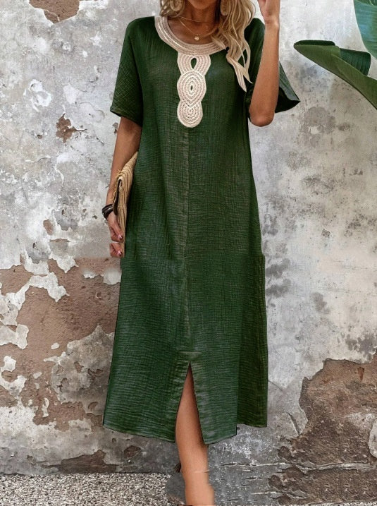 Round Neck Ruffled Short Sleeves Pure Cotton And Linen Slit Loose Dress