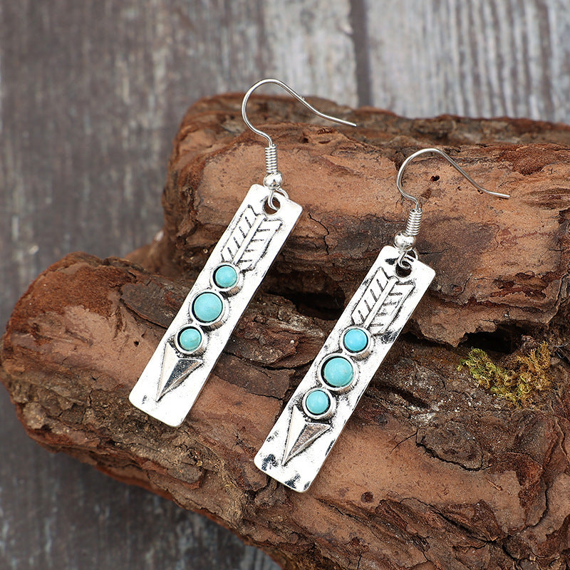 Long Strip Inlaid Turquoise Temperament Alloy Trendy Earrings