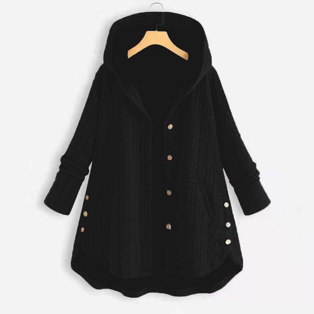 Fashion New Solid Color Hooded Single-breasted Women's Cotton Jacket Mid-length Irregular