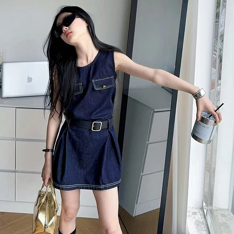 Stylish Kids Fashion Denim Bodysuit Dress for Girls Vintage Dark Blue Jeans Skirt With Belt Child Trendy Streetwear Outfit 5-14Y - EL CHEG