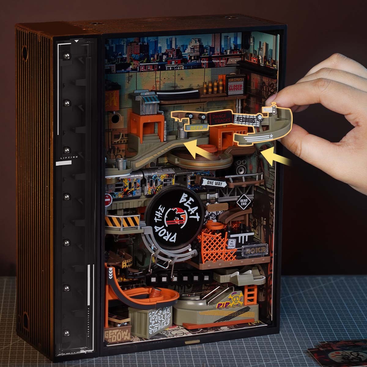 ROKR Parallel World 3D Puzzle Hip-Hop Street Themed Mechanical Marble Run Model Kit DIY Wooden Desk Decor For Adults & Teens.