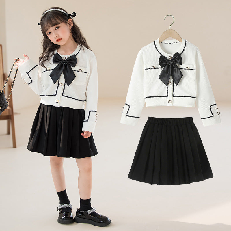 Girls' Waffle Pleated Skirt Two-piece Set