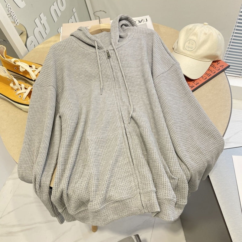 Waffle Hooded Women's Loose Slimming Zipper Cardigan