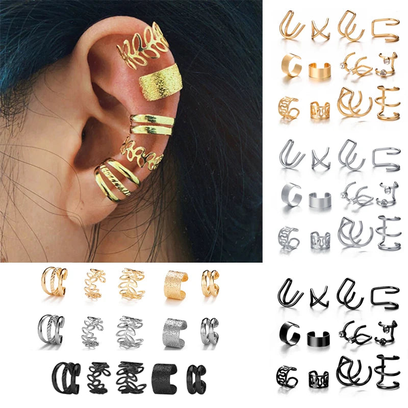 5/15 Pcs Set Of Hollow Leaf Design Clip On Earrings, Zinc Alloy Jewelry Simple Punk Style Personality Female Ear Decor - EL CHEG