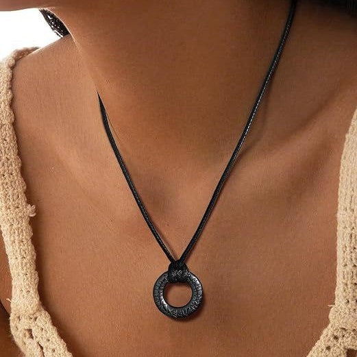 Letter Stainless Steel Ring Pendant Leather Rope For Necklace