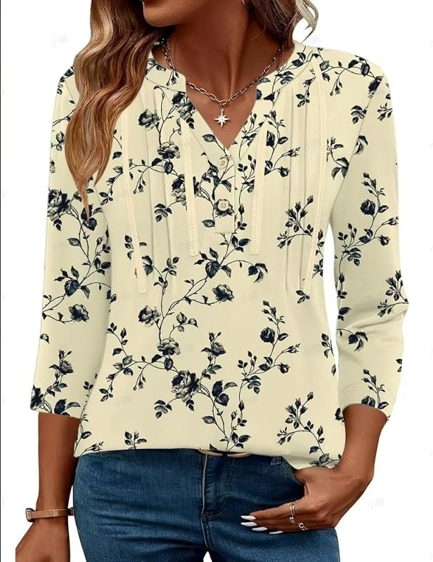 Women'S V-Neck Long Sleeve Shirt With Letter Print