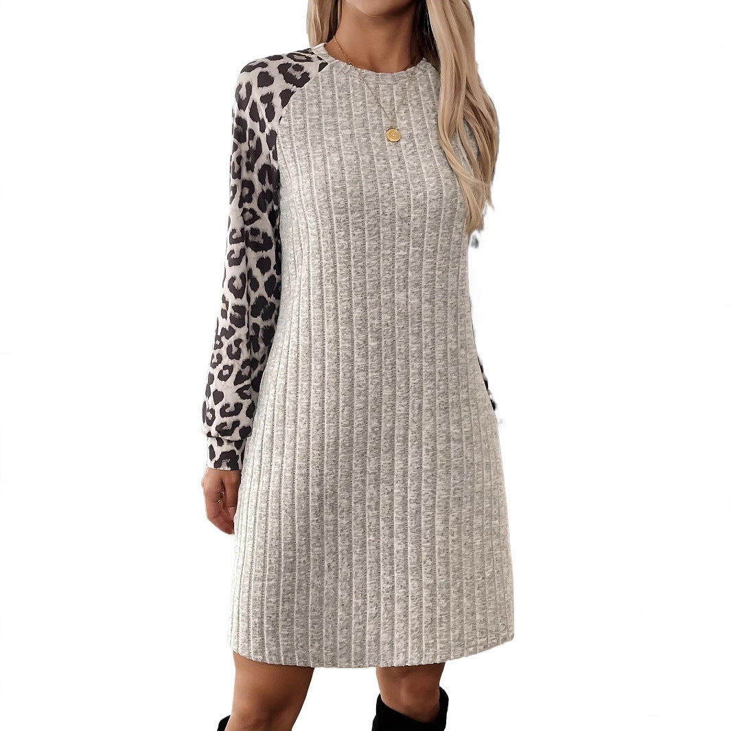 Women's Long Sleeve Leopard Splicing Tight Dress