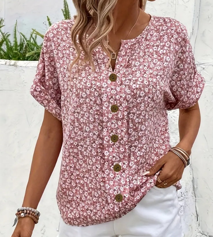 Plant Jacquard V-neck Women's Short-sleeved T-shirt