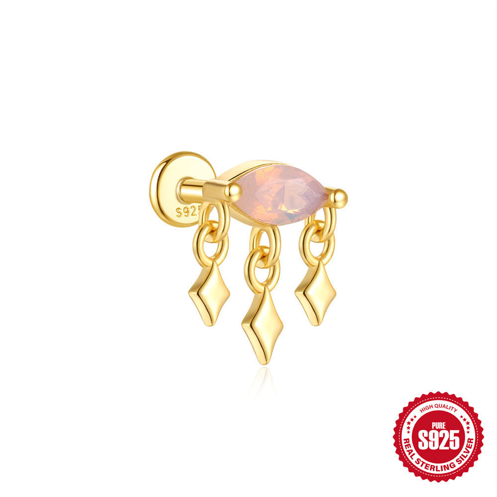 Sterling Silver Opal Diamond-embedded Flat Head Thread Piercing Ear Bone Stud