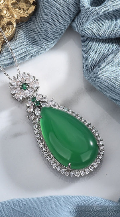 Natural High Quality Ice Jadeite Jade Green Chalcedony Pendant Inlaid Water Drop