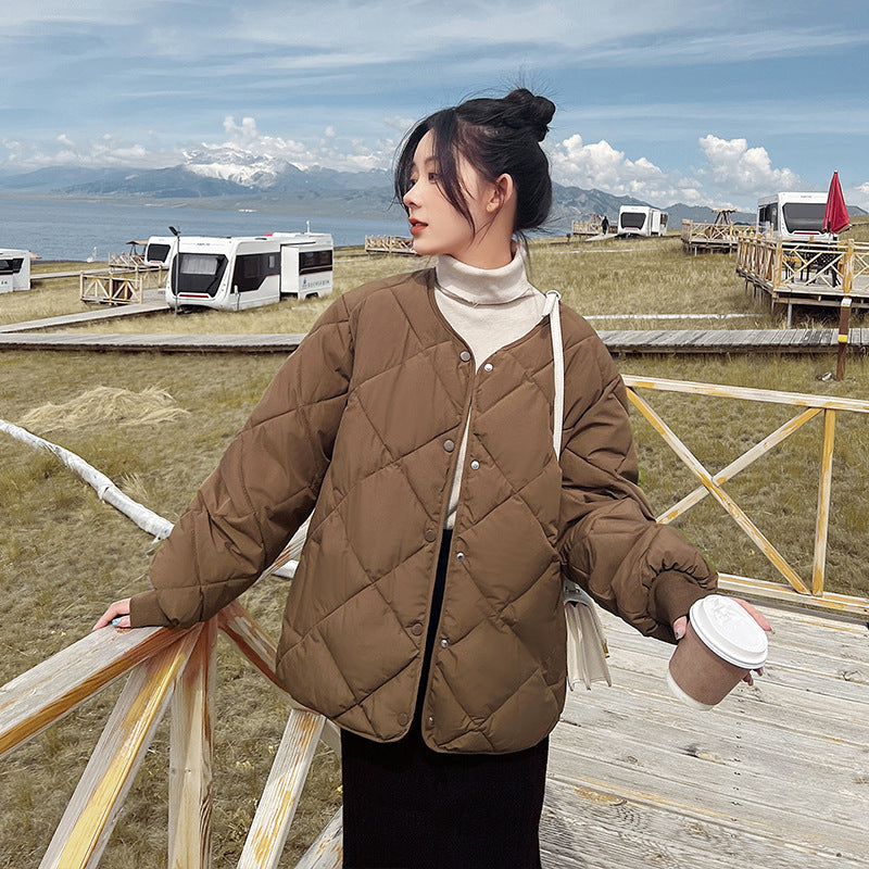 Women's Down Jacket, Short, Thin, Diamond-patterned, Loose Cotton Coat
