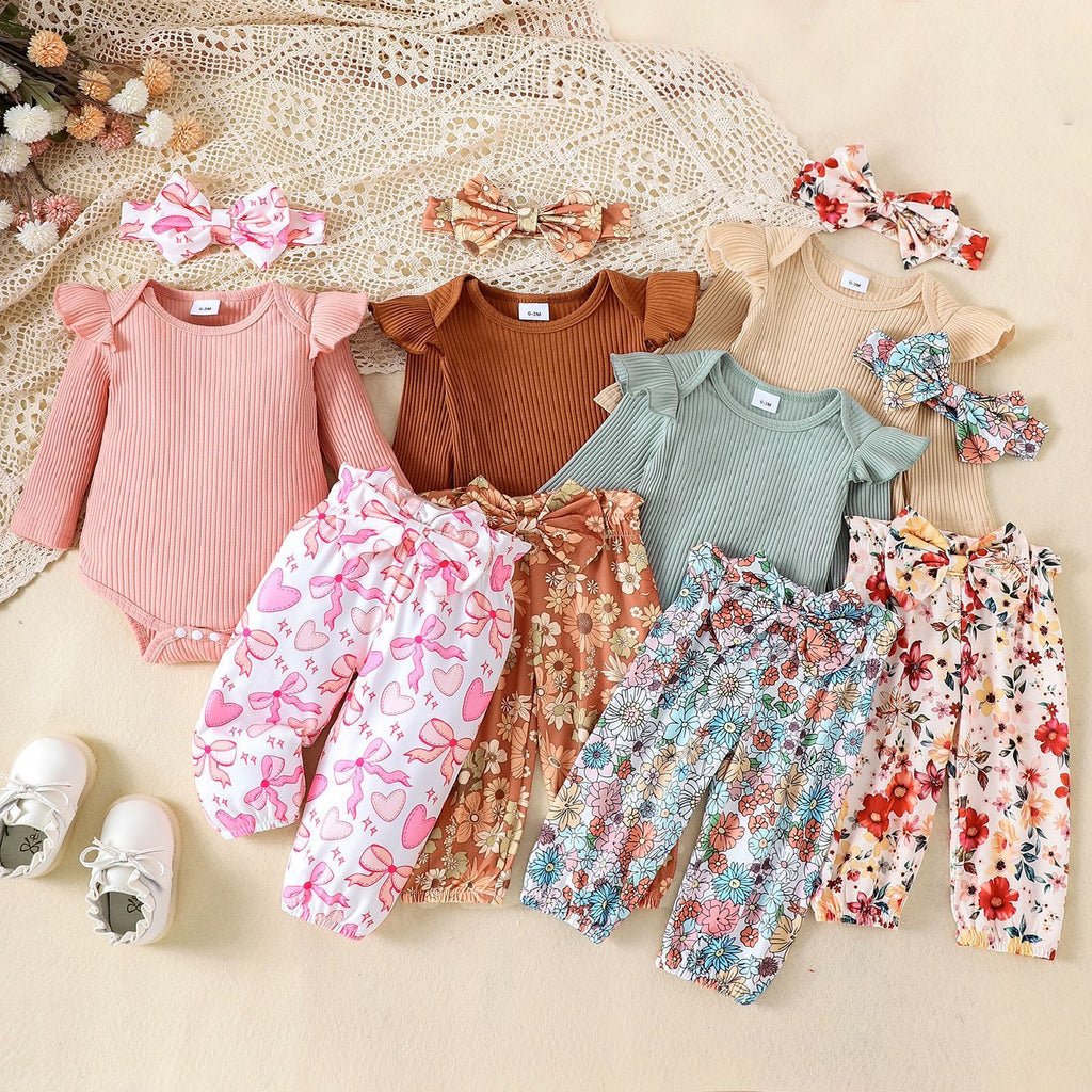 Sunken Stripe Long-sleeve Jumpsuit Flower Print Trousers Hair Band For Girls Suit