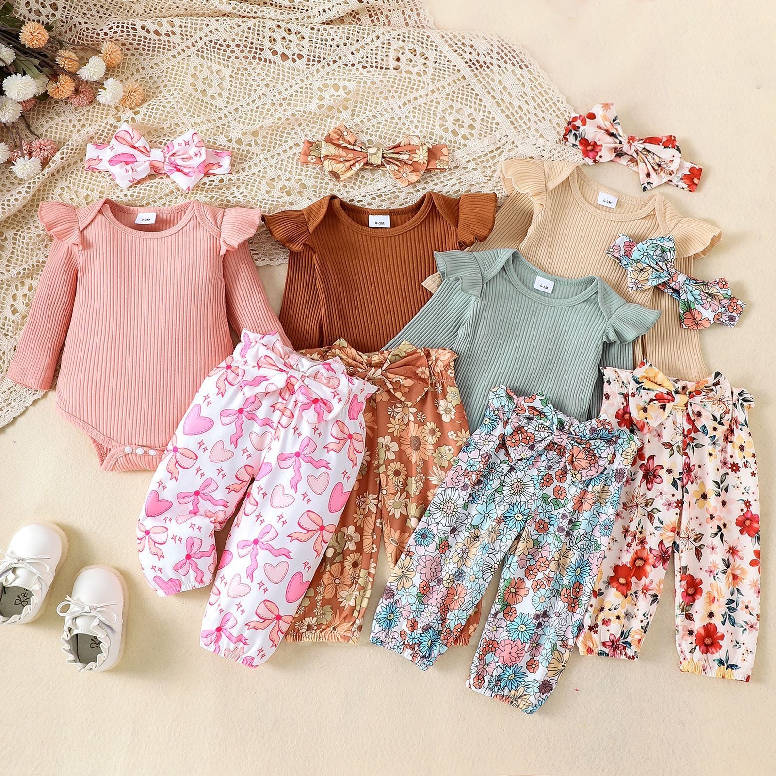 Sunken Stripe Long-sleeve Jumpsuit Flower Print Trousers Hair Band For Girls Suit