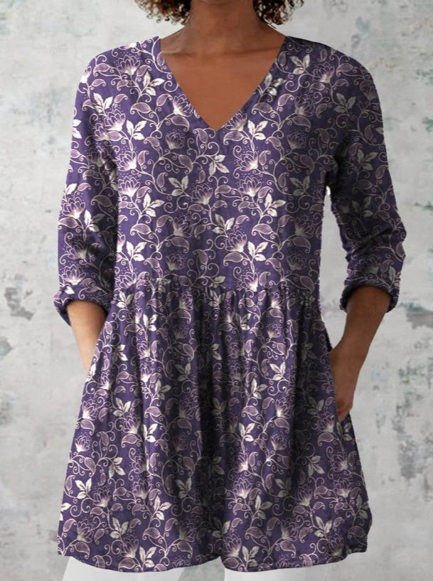 Women's Retro Floral Print Casual Cotton Linen V-neck Top