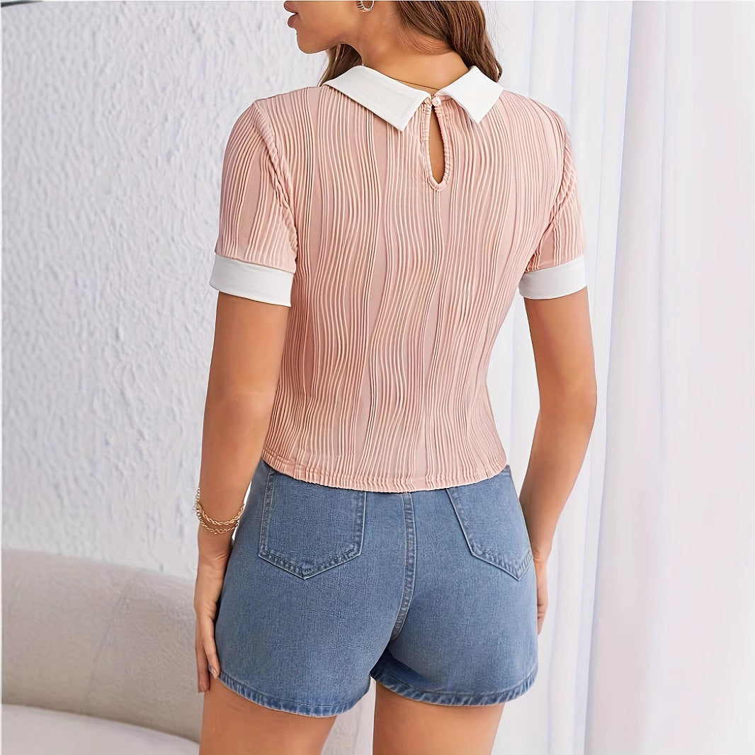 White Collar Contrast Color Lapels Short Sleeve