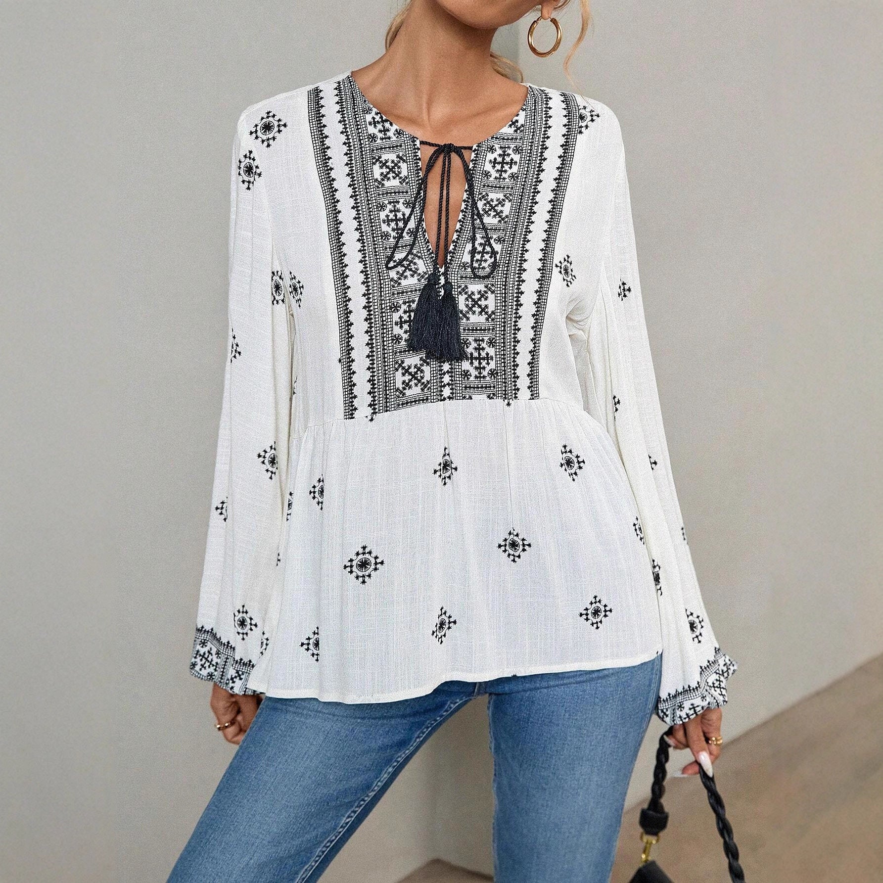 Retro National Style Half-open Collar Lace-up Loose Lantern Sleeve Shirt