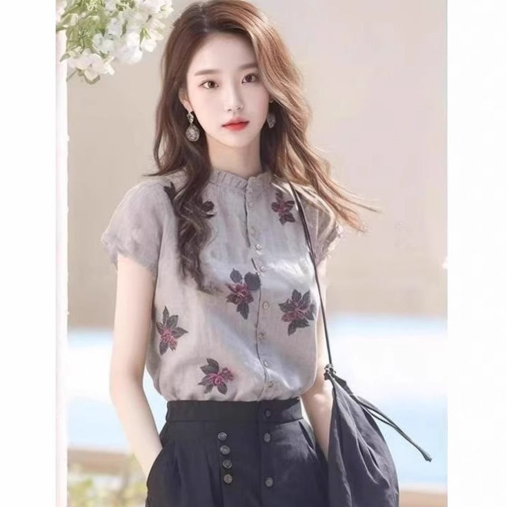 High-end Chic Printed Western Style Stand Collar Niche Top