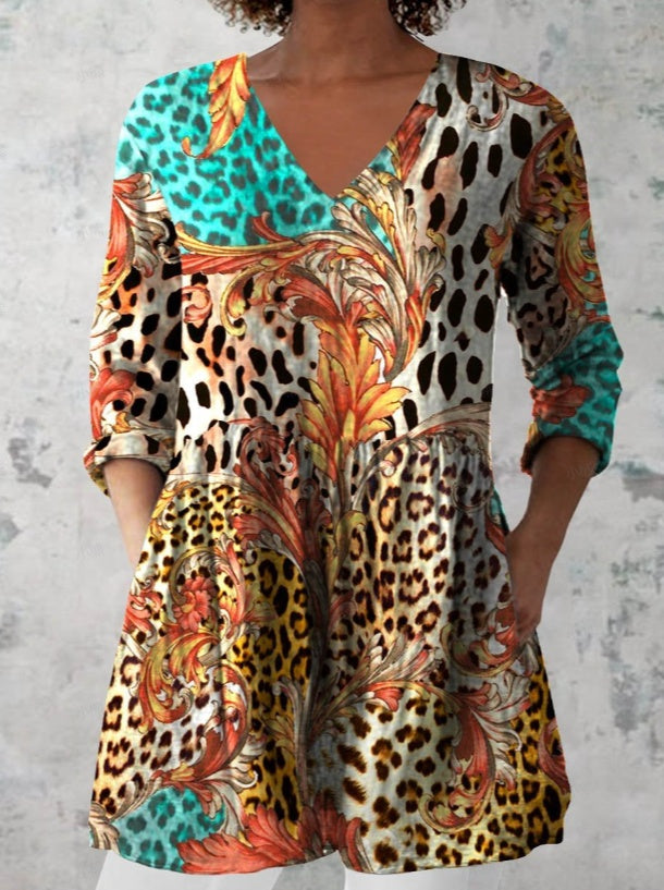 Women's Retro Floral Print Casual Cotton Linen V-neck Top