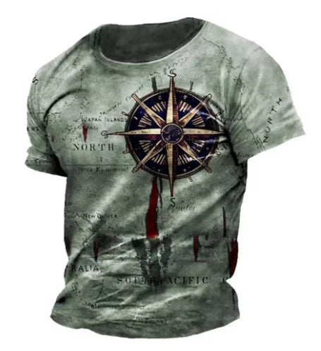 Men's Vintage Nautical Map Compass Printed T-shirt