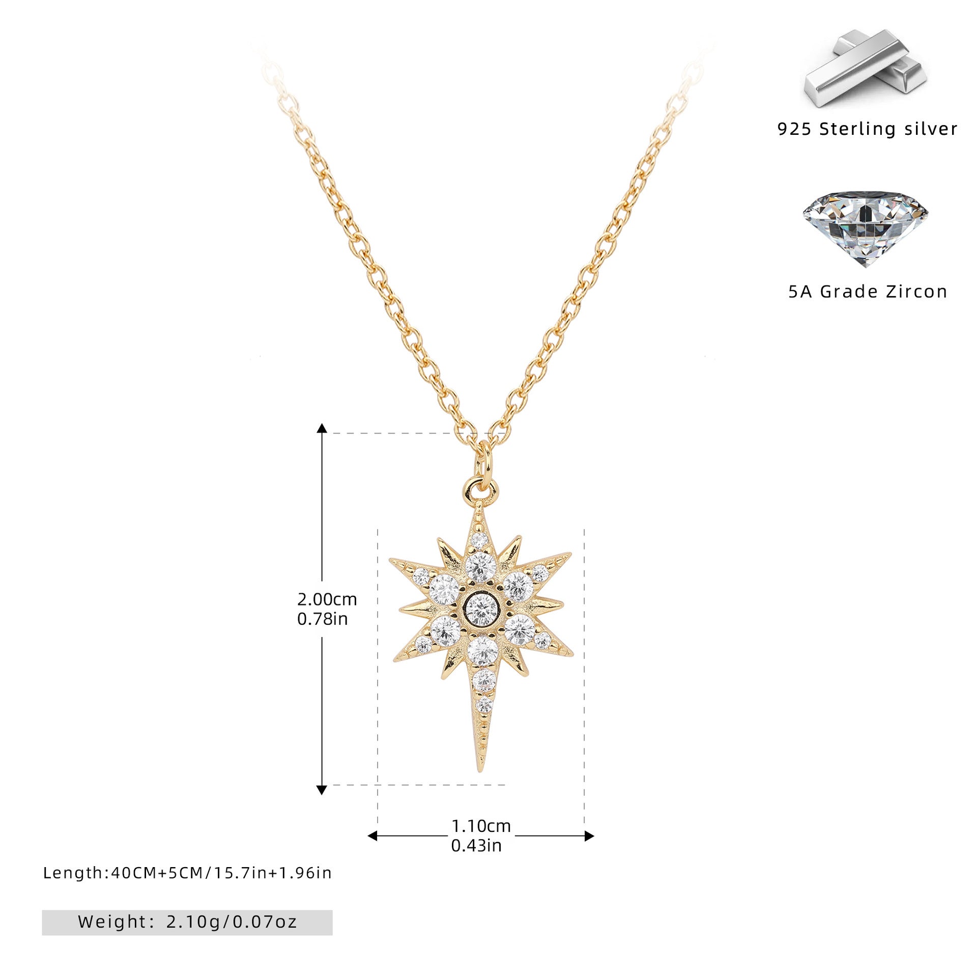 S925 Sterling Silver Inlaid Stone Eight-pointed Stars Pendant Necklace