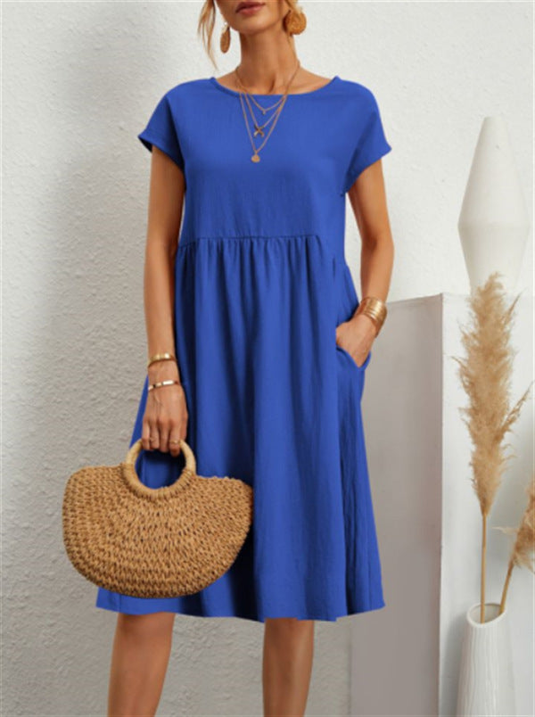 Summer Short-sleeved Dress With Pockets Fashion Solid Round Neck A-line Dresses For Women Clothing