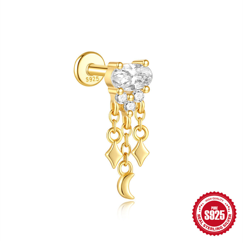 Sterling Silver Opal Diamond-embedded Flat Head Thread Piercing Ear Bone Stud