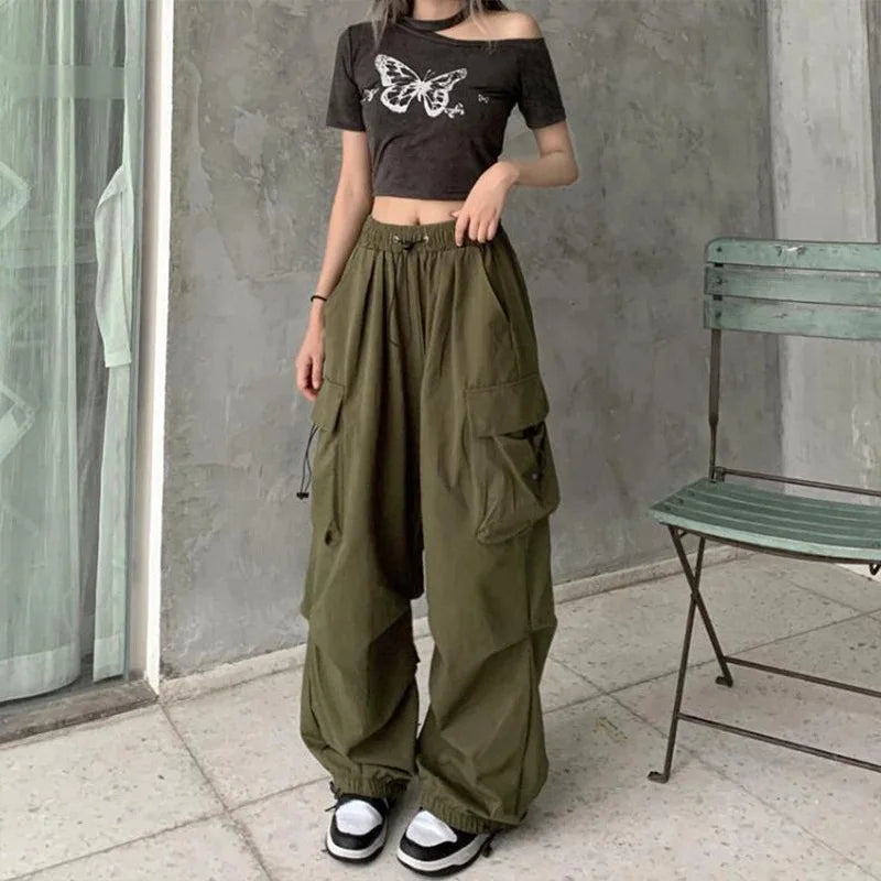 Women Casual Joggers Tech Pants Solid Low Waist Pants Drawstring Wide Leg Baggy Trousers Y2k Streetwear Oversize Sweatpants - EL CHEG