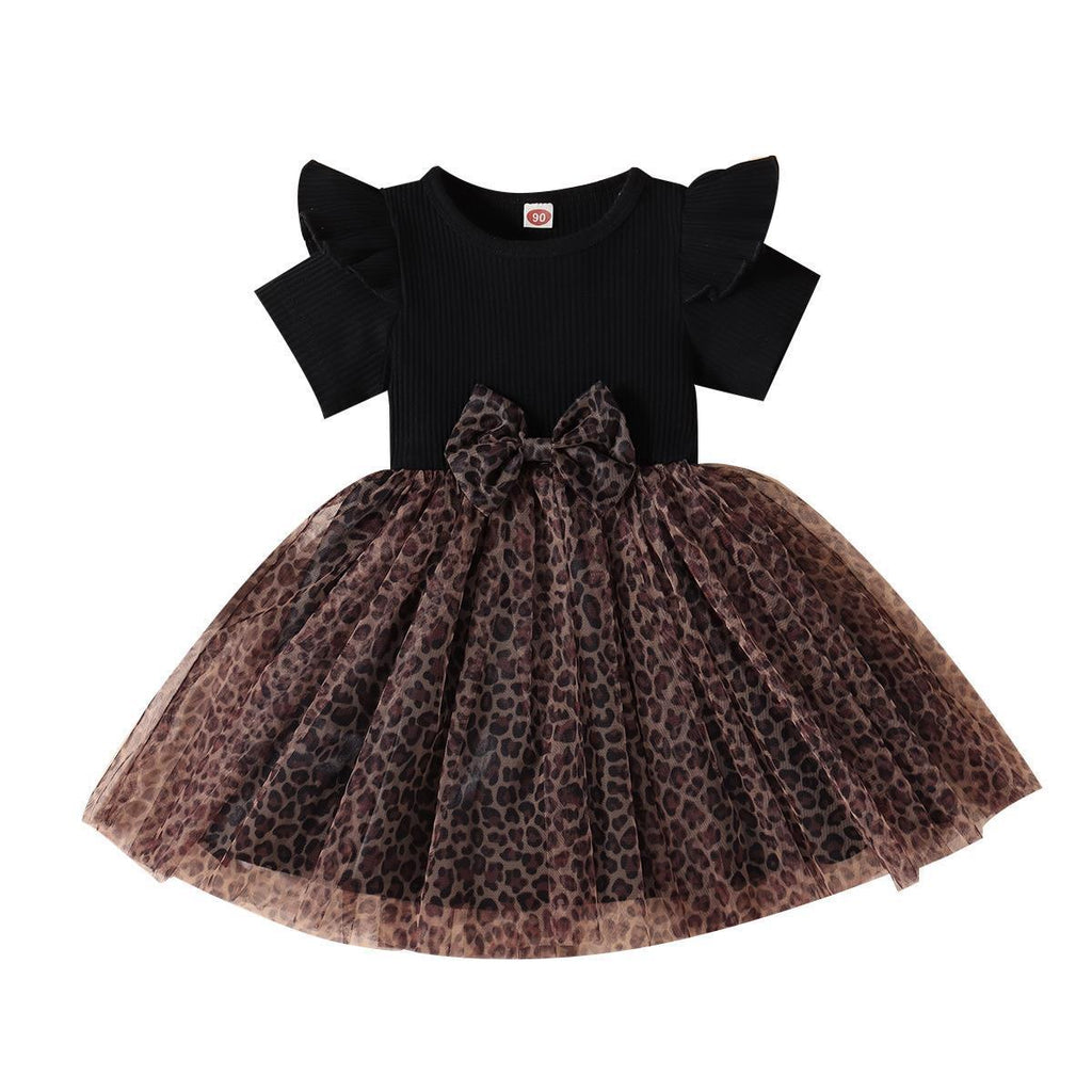 Pullover Cotton Sunken Stripe Short Sleeve Leopard Print Mesh Bow Girls Dress