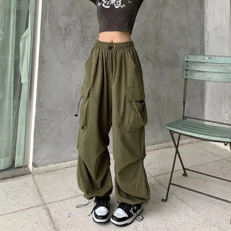 Women Casual Joggers Tech Pants Solid Low Waist Pants Drawstring Wide Leg Baggy Trousers Y2k Streetwear Oversize Sweatpants - EL CHEG