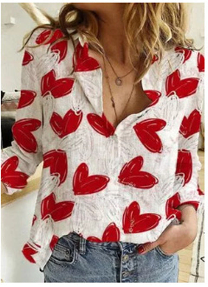 Women's V-neck Long Sleeve Stand Collar Printed Sweet Blouse