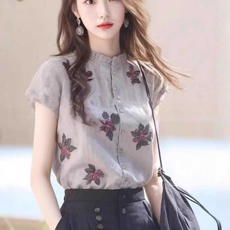 High-end Chic Printed Western Style Stand Collar Niche Top