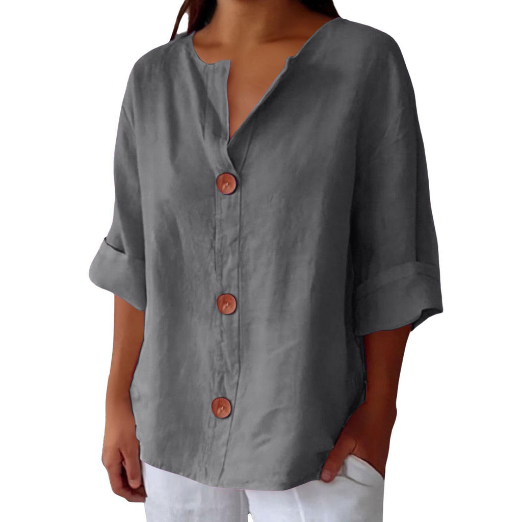 Loose T-shirt Women's V-neck Cotton And Linen Button Top
