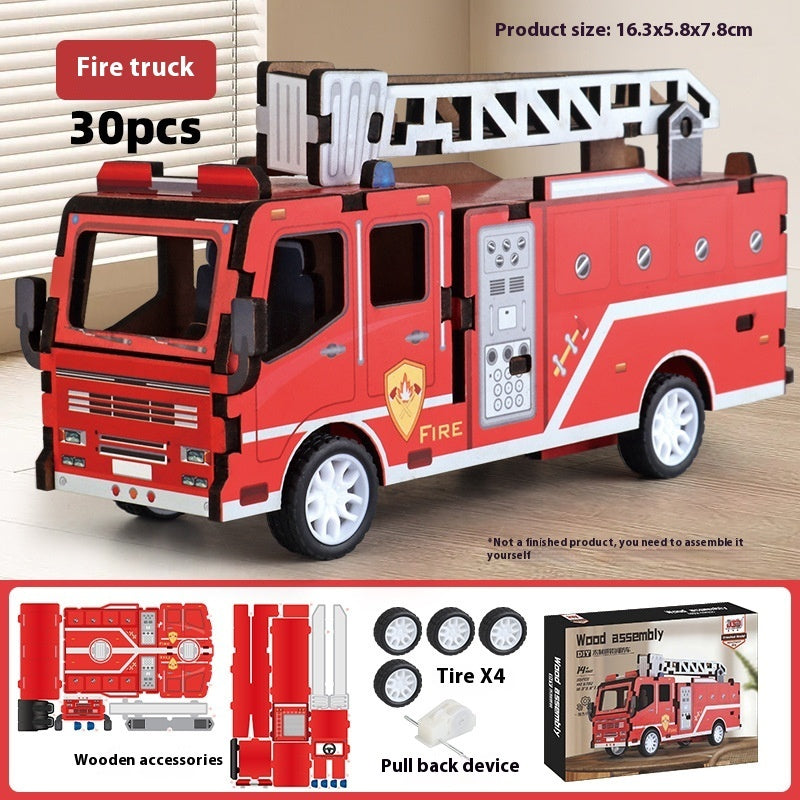 Wooden Assembled Toy Car Warrior Engineering Vehicle Fire Truck DIY Model.