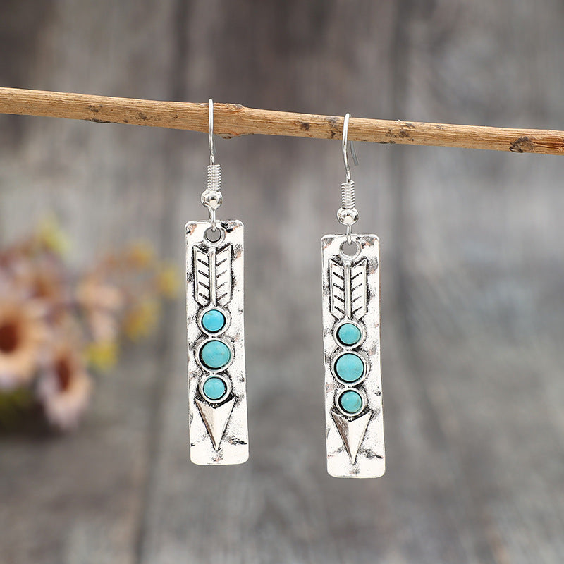 Long Strip Inlaid Turquoise Temperament Alloy Trendy Earrings