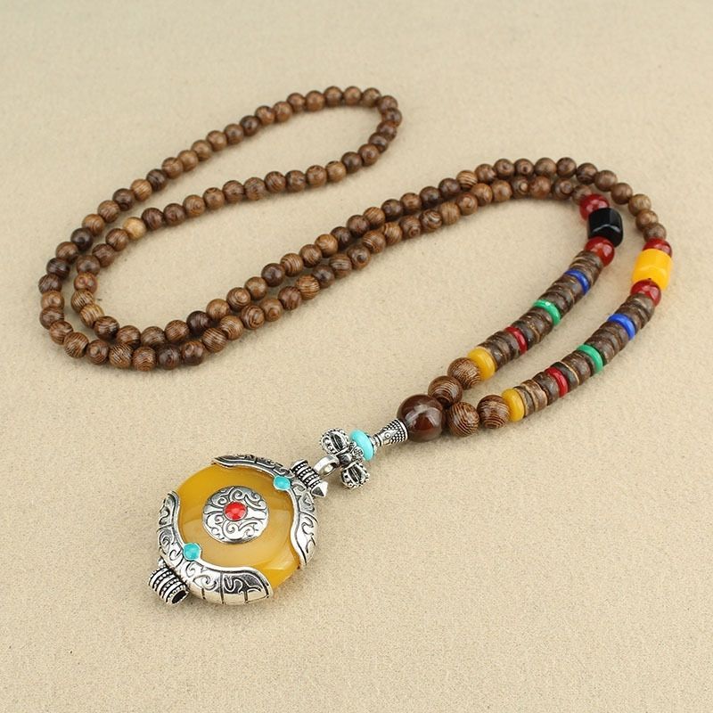 Retro Ethnic Sweater Chain Long Wooden Pendant
