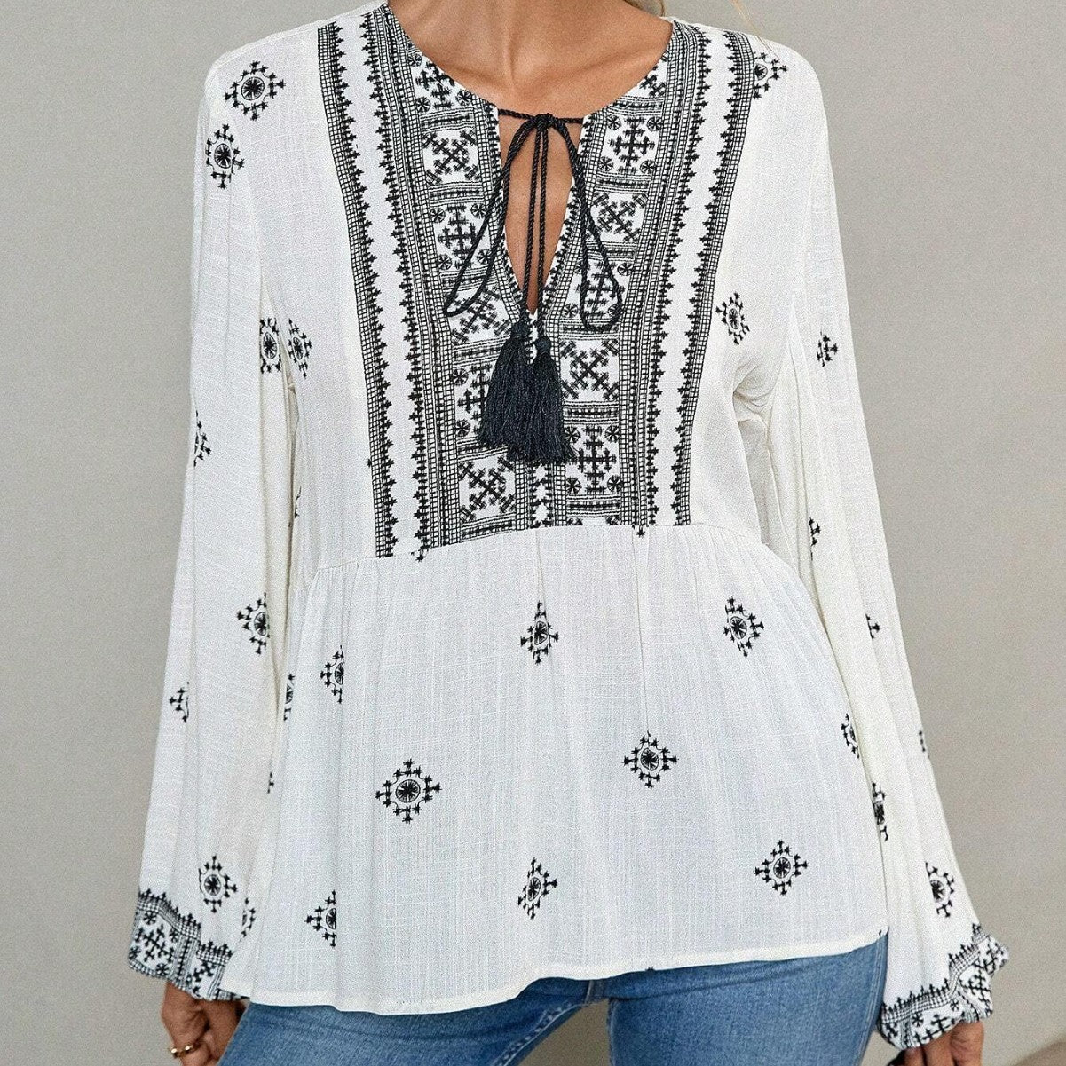 Retro National Style Half-open Collar Lace-up Loose Lantern Sleeve Shirt