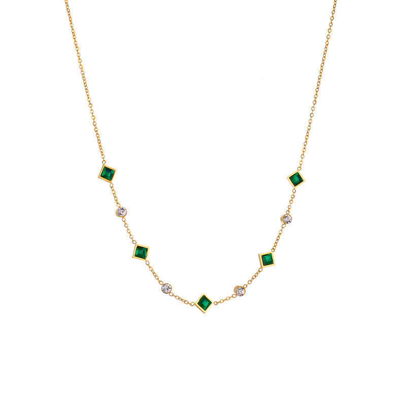 Stainless Steel Cube Emerald Zircon Personality Simple Niche Does Not Fade Necklace