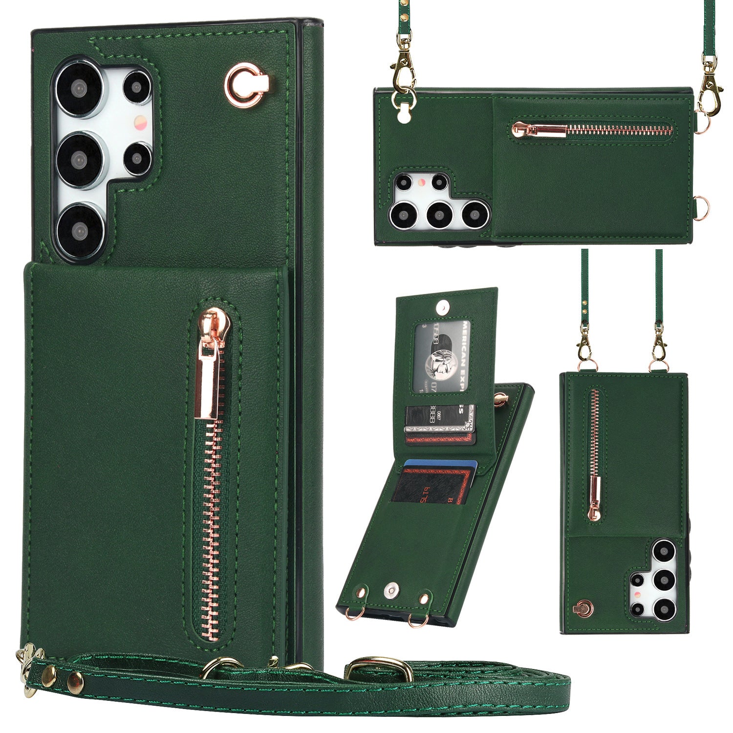 Card Crossbody Zipper Bracket Leather Phone Case