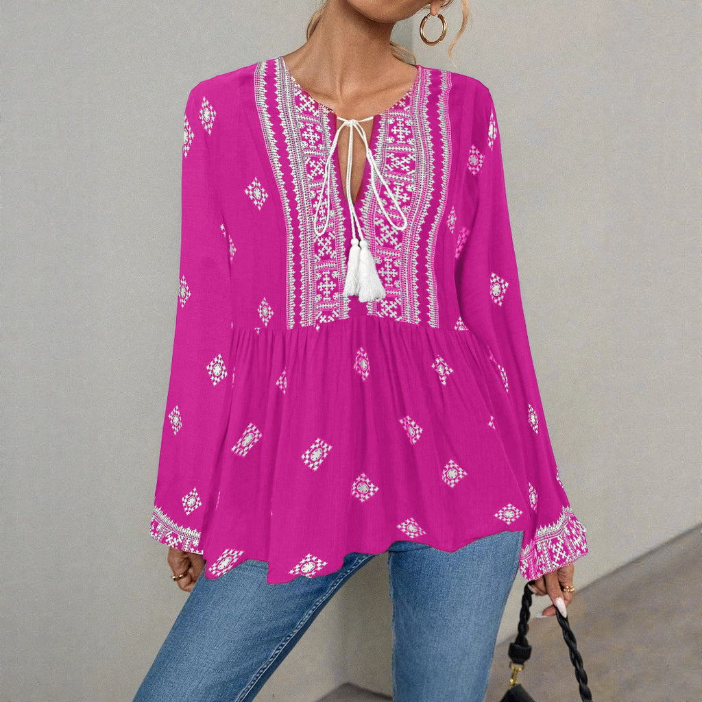 Retro National Style Half-open Collar Lace-up Loose Lantern Sleeve Shirt