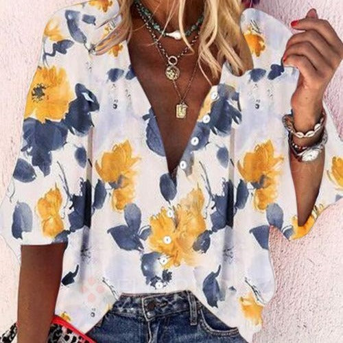 Women's V-neck Long Sleeve Stand Collar Printed Sweet Blouse