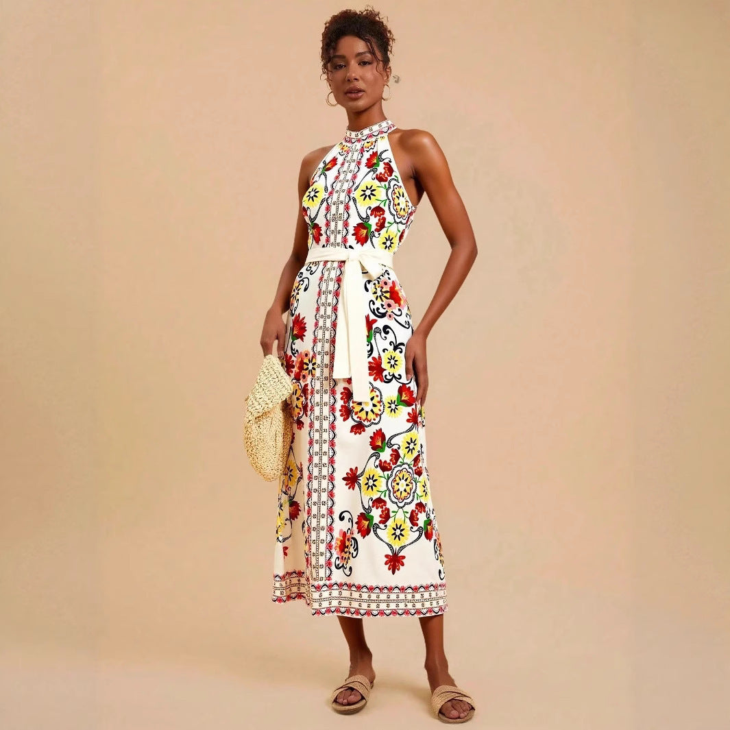 Women's Floral Print Lace-up Sleeveless Mid-length Dress