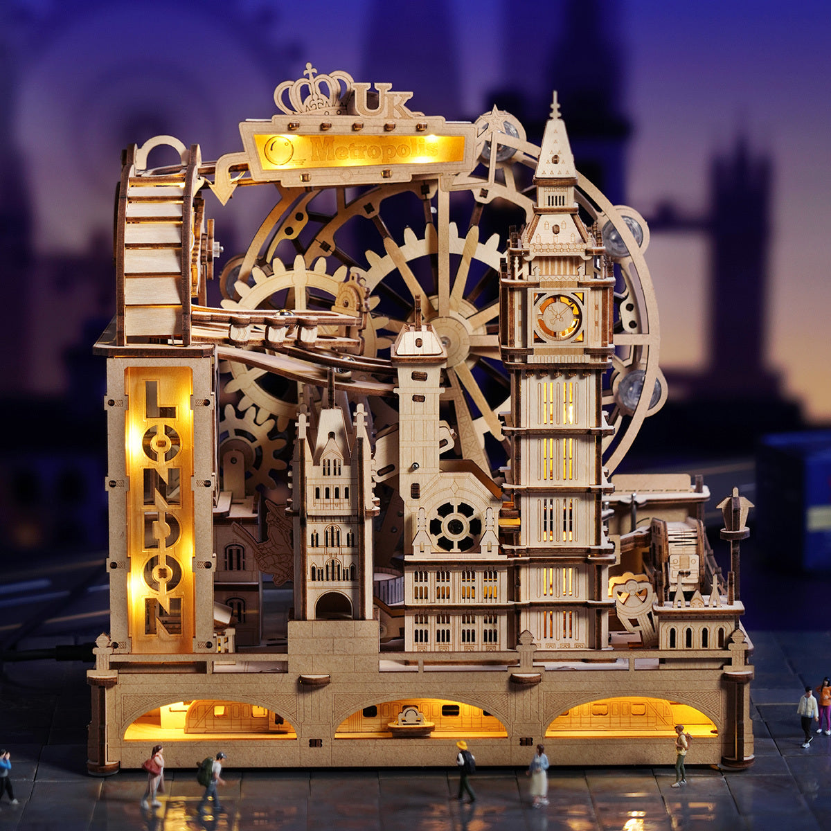 ROBOTIME 3D Wooden Puzzle London City Mechanical Model With Marble Run & LED Lights, DIY Decorative Kit For Adults & Teens.