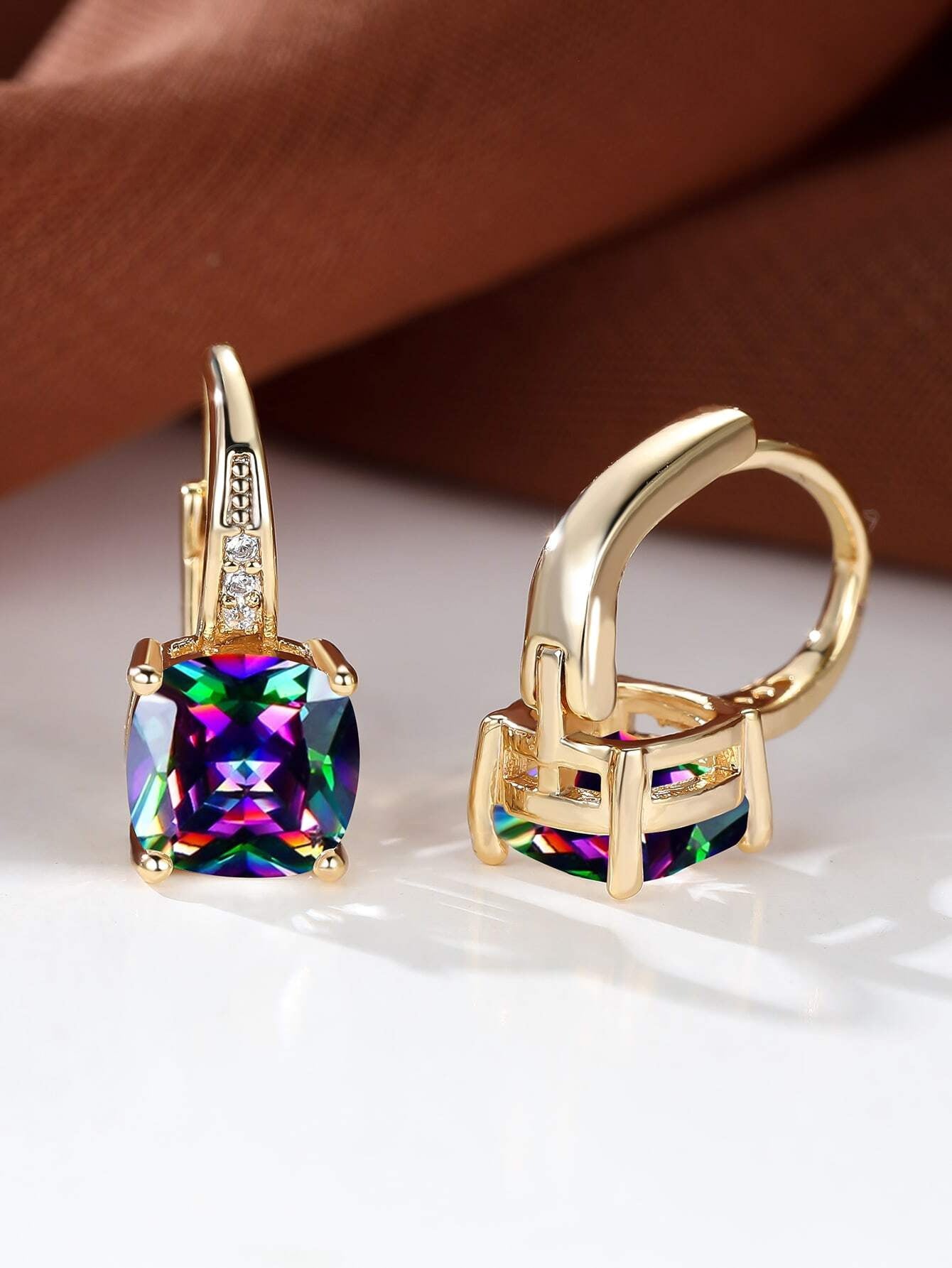Square Colorful Moissanite Inlaid Ear Clip Advanced Sense