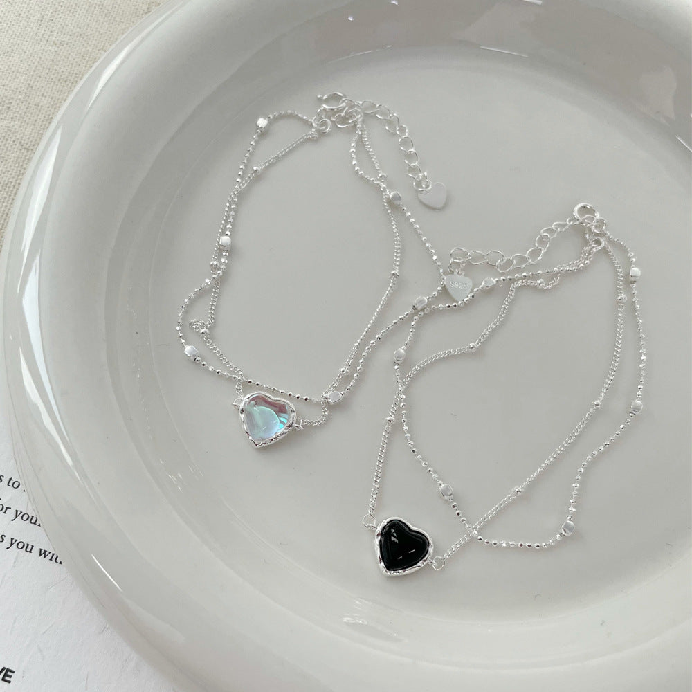 Heart Moonstone Black Agate Double-layer Bracelet For Women