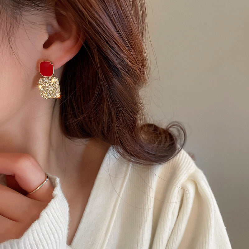 Korean Geometric Block Rhinestone Earrings