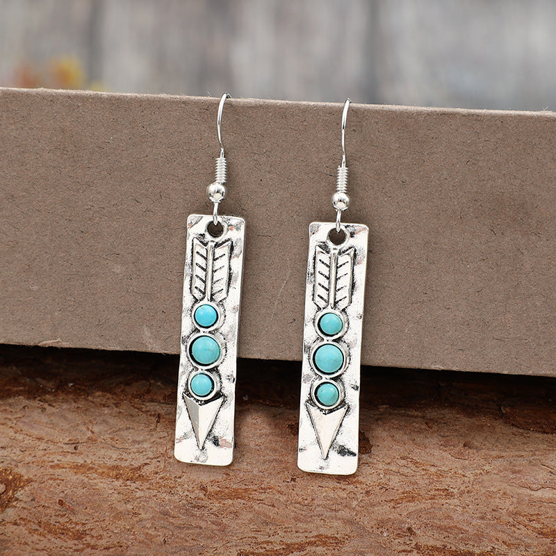 Long Strip Inlaid Turquoise Temperament Alloy Trendy Earrings